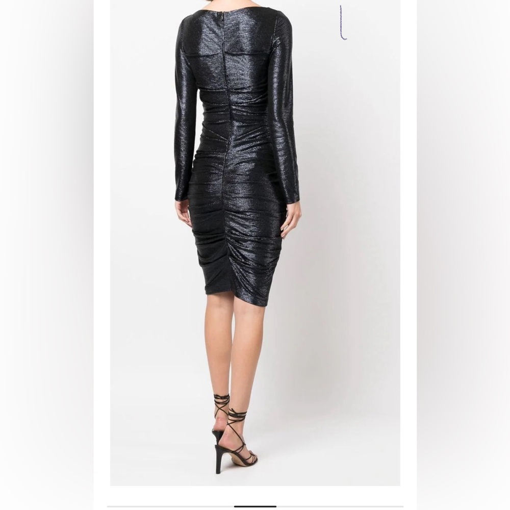 Talbot Runhof new beautiful metallic ruched midi navy blue dress size 4.